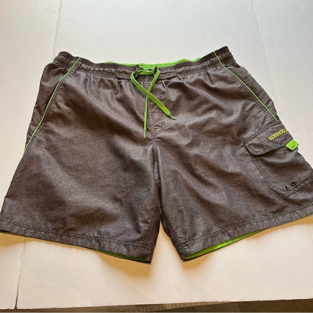 Speedo Men's Swim Trunks Mesh Lining Gray/Lime Green Size Large